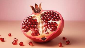 Split pomegranate fruit with bright red seeds, on white background photo
