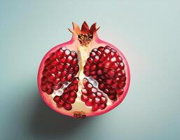 Split pomegranate fruit with bright red seeds, on white background photo