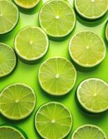 Several slices of lime on a bright green background photo