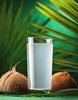 A glass of coconut water on a green tropical background photo