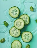 Some cucumber slices on a mint background photo