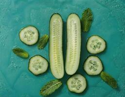 Some cucumber slices on a mint background photo