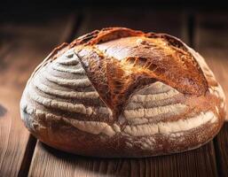 Sourdough bread with visible texture, wooden background photo