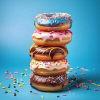 Stack of colorful donuts with various toppings photo