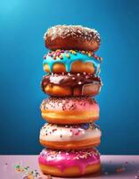Stack of colorful donuts with various toppings photo