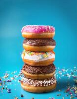 Stack of colorful donuts with various toppings photo