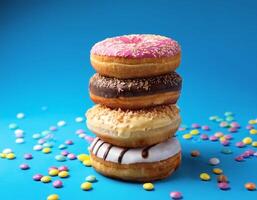 Stack of colorful donuts with various toppings photo