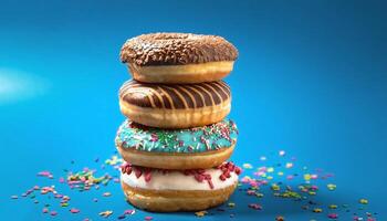 Stack of colorful donuts with various toppings photo