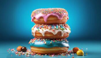 Stack of colorful donuts with various toppings photo