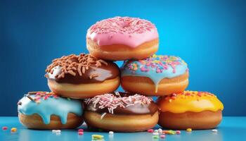 Stack of colorful donuts with various toppings photo