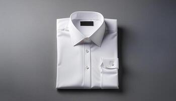 A neatly folded white shirt over a gray background photo