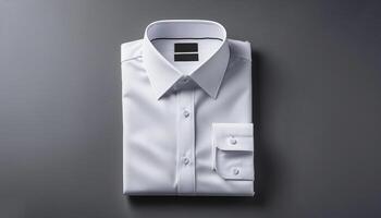 A neatly folded white shirt over a gray background photo