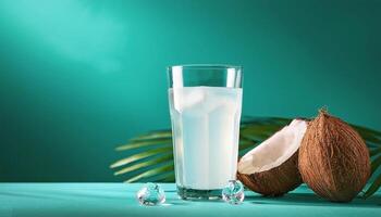 A glass of coconut water on a turquoise background photo