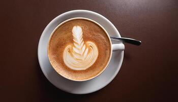 Cappuccino coffee with foam latte art on brown background photo