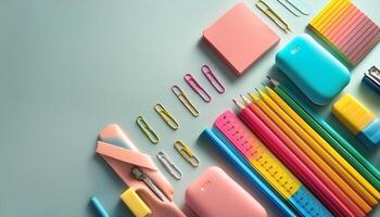 Colorful stationery on minimalist background photo