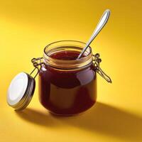 Jam jar with spoon next to it on yellow background photo