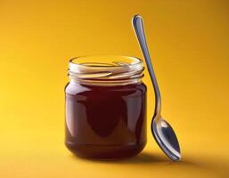 Jam jar with spoon next to it on yellow background photo