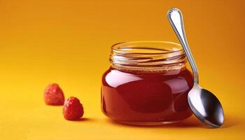 Jam jar with spoon next to it on yellow background photo