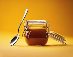 Jam jar with spoon next to it on yellow background photo