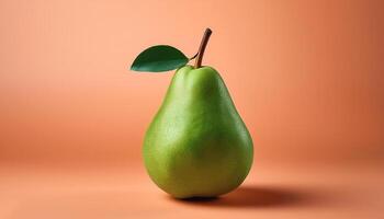 A green pear on a peach background photo