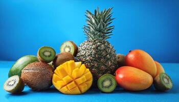 A pile of colorful tropical fruits on a bright blue background, creates a fresh and appetizing impression photo
