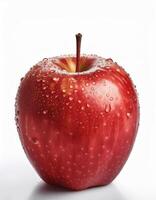 Bright red apple isolated on white background, highlighting the water droplets that stick to it. photo