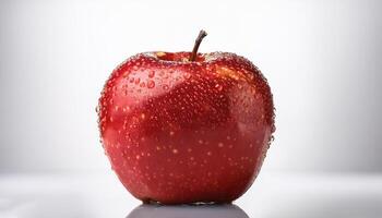 Bright red apple isolated on white background, highlighting the water droplets that stick to it. photo