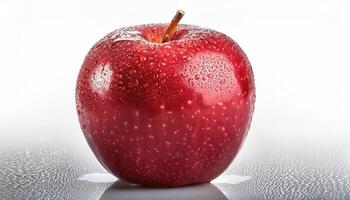 Bright red apple isolated on white background, highlighting the water droplets that stick to it. photo
