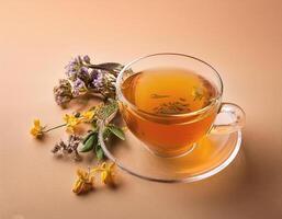 A cup of herbal tea on a warm cream background photo