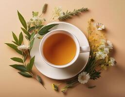 A cup of herbal tea on a warm cream background photo
