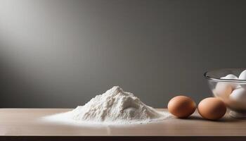 Flour and eggs on kitchen table with minimalist background photo