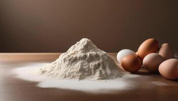 Flour and eggs on kitchen table with minimalist background photo