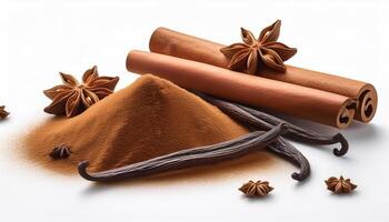 Fresh cinnamon isolated on a white background, showing the wood texture and spiral details, decorated with some anise stars and vanilla seeds around. photo