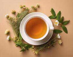 A cup of herbal tea on a warm cream background photo