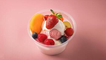Ice cream cup with fruit topping and sauce, pastel background photo