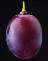 One purple grape isolated on a black background, showing the details of the skin and texture photo