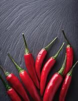 Red chili peppers arranged on a dark slate background photo