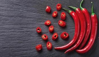 Red chili peppers arranged on a dark slate background photo
