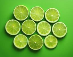 Several slices of lime on a bright green background photo