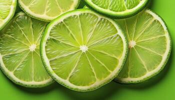 Several slices of lime on a bright green background photo