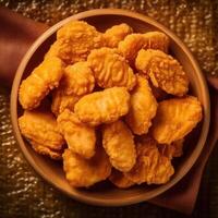 A bowl of fried chicken nuggets sitting on a table photo