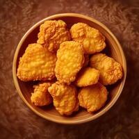 A bowl of fried chicken nuggets on a brown background photo