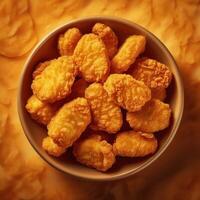 A bowl of fried chicken nuggets on a table photo