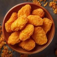 A bowl of fried chicken nuggets sitting on top of a table photo