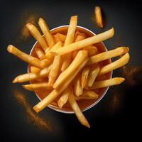 French fries in a bowl on a black background photo