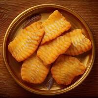 Fried fish on a plate on a wooden table photo