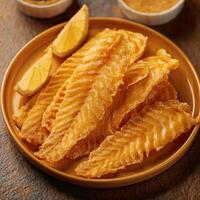 Fish fillets with lemon slices on a plate photo