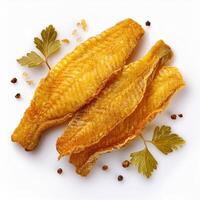 Fish fillets with herbs and spices on a white background photo