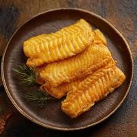 Fish fillets on a plate with a sprig of rosemary photo