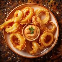 Fried calamari on a plate with sauce photo